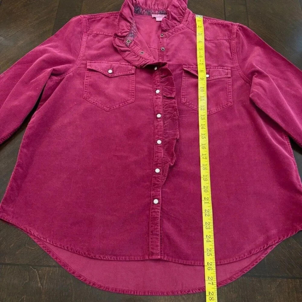 Sundance Burgundy Fine Corduroy Ruffle Front Pearl Snap Shirt Sz L Western Boho - Picture 7 of 8
